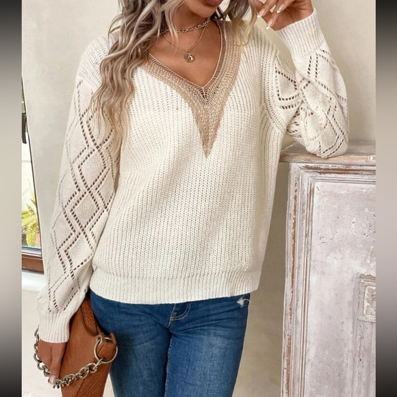 Comfy Sheer Lace V Neck Knit Swearer Top Green - Picture 7 of 14